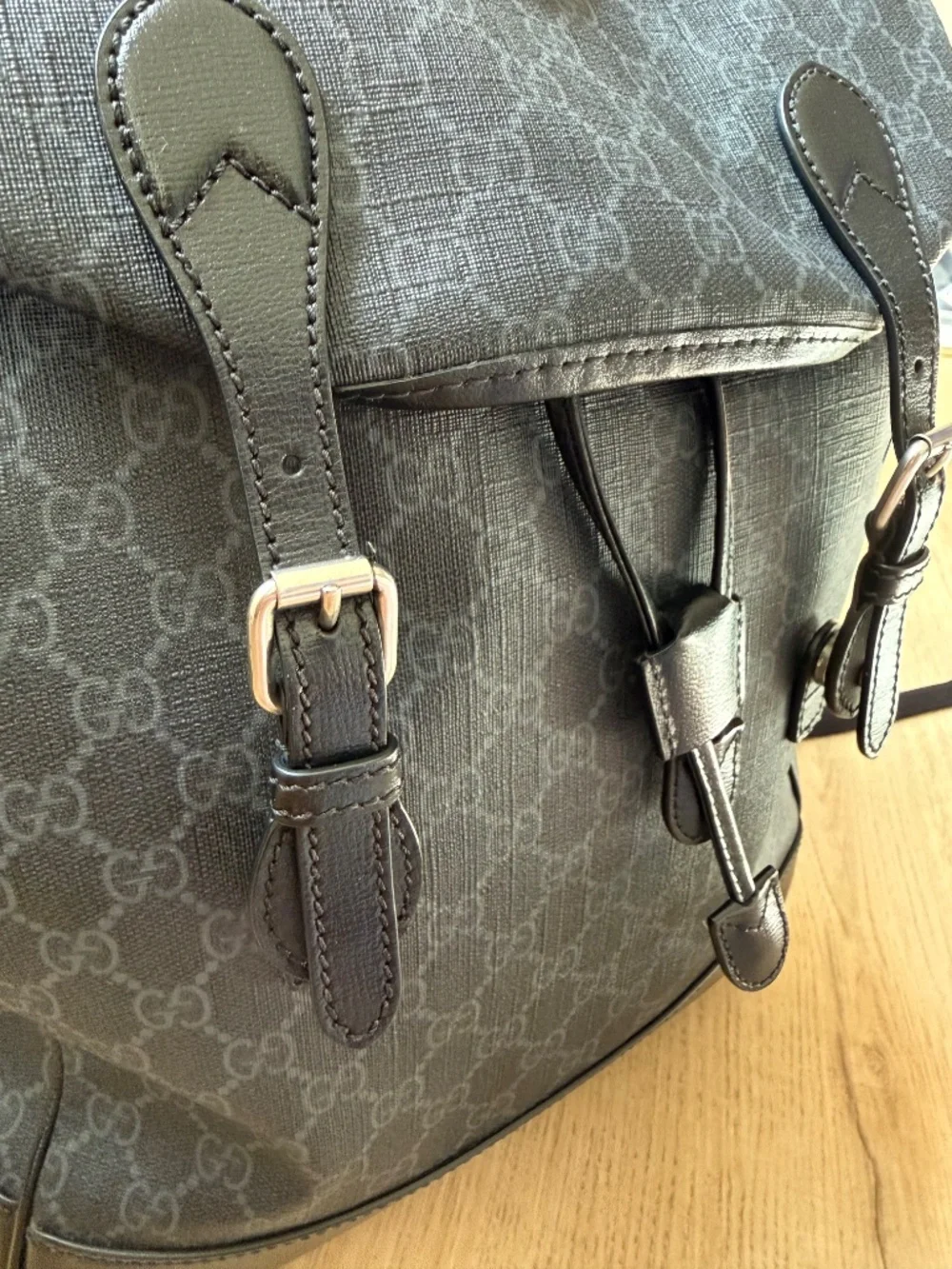 Gucci GG Supreme Black Canvas & Leather Double Buckle Backpack